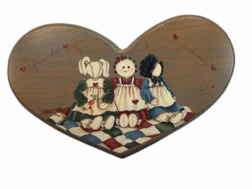 Vintage Hand Painted Folk Art Heart Shaped Wooden Wall Hanging Friends Forever
